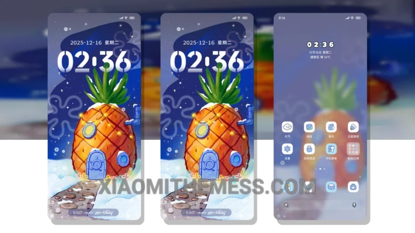 SpongeBob Winter Pineapple House MIUI Themes for Xiaomi and Redmi Devices