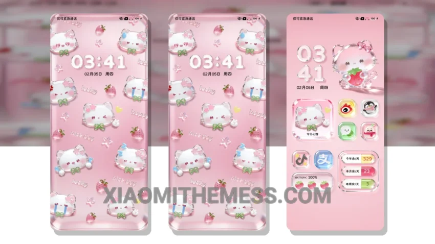 Stereoscopic Glass Strawberry Kitten: The Whimsical Dark Mode HyperOS Theme With a Unique Twist